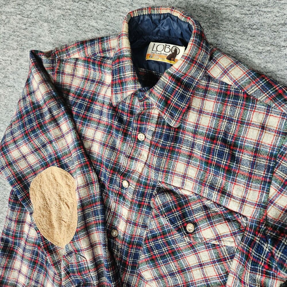 Vtg Pendleton Lobo Shirt Mens Small Red Blue Plaid Wool Flannel Quilted USA 80s